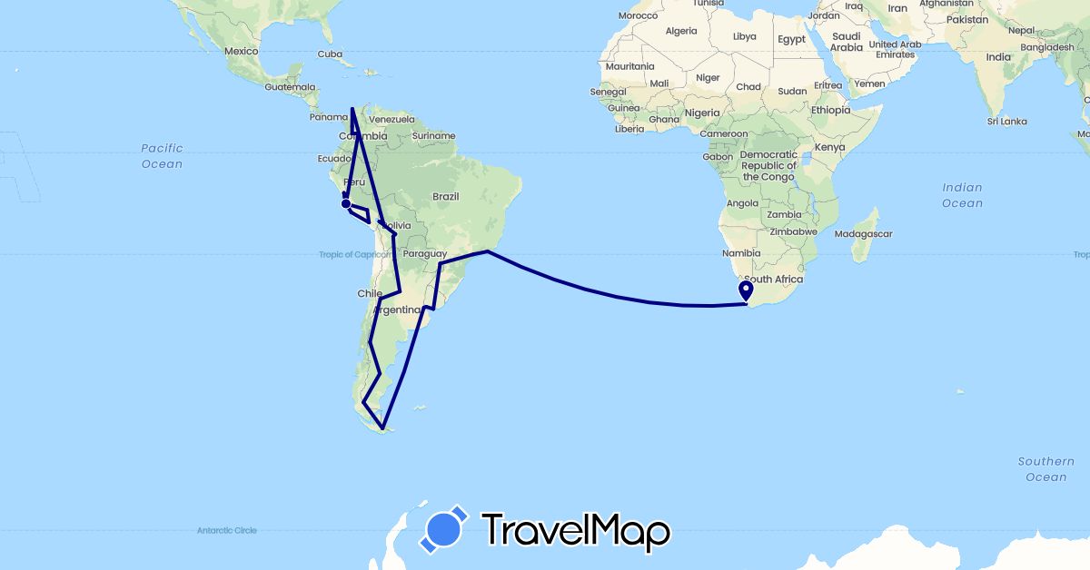 TravelMap itinerary: driving in Argentina, Bolivia, Brazil, Chile, Colombia, Peru, Uruguay, South Africa (Africa, South America)